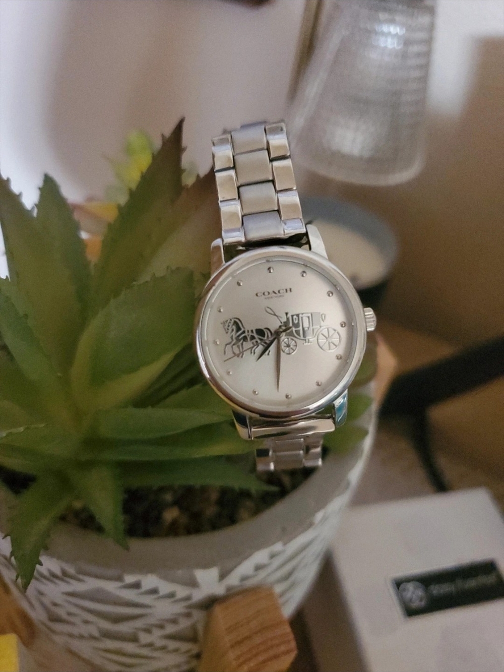 Coach Silver Tone Women's Watch with White Dial and Horse & Carriage Motif